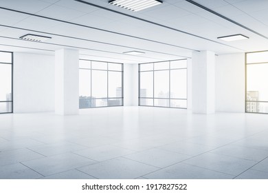 Modern Spacious Empty Light Hall Room With Big Windows, Ceramic Tiles On The Floor And Lights On Top. 3D Rendering