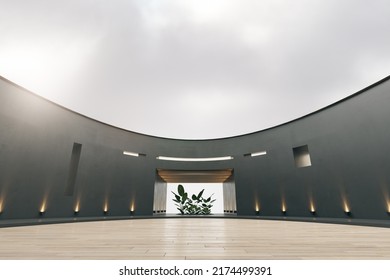 Modern spacious round exhibition hall interior with decorative plants in pots and wooden parquet flooring. White mock up place on ceiling. 3D Rendering
