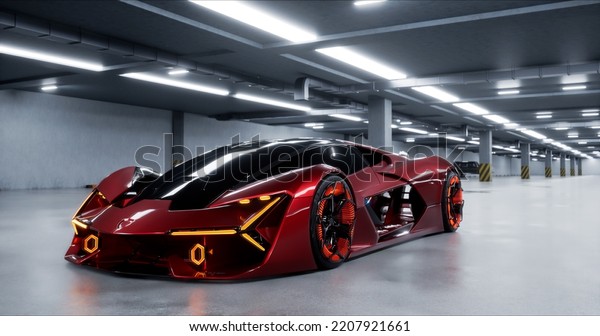 Modern Speeding Red\
Car With Headlights on Driving Fast through an Almost Empty\
Underground Parking. E-mobility Concept. 3D Rendering. High quality\
4k footage. 3D\
Illustration