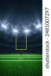  Modern sport stadium at night and american football field with yellow goalpost ready for the match. Sports background as 3D illustration in vertical format for social media advertising.