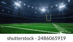 Modern sport stadium at night and american football field with yellow goalpost ready for the match. Sports background as 3D illustration in horizontal format for advertising.