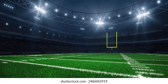 Modern sport stadium at night and american football field with yellow goalpost ready for the match. Sports background as 3D illustration in horizontal format for advertising.