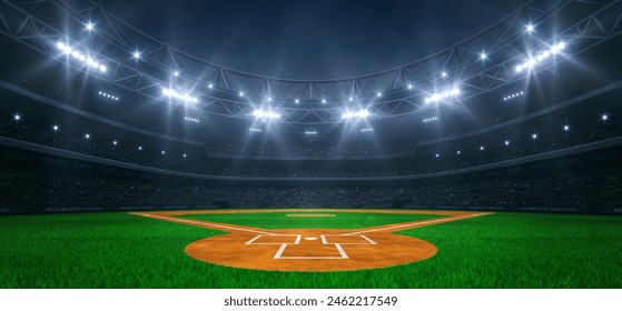 Modern sport stadium at night and baseball field ready for the match. Professional sports background for advertisement.