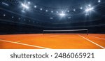 Modern sport stadium at night and clay tennis court ready for the match. Sports background as 3D illustration in horizontal format for advertising.