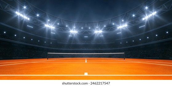 Modern sport stadium at night and clay tennis court ready for the match. Professional sports background for advertisement. - Powered by Shutterstock