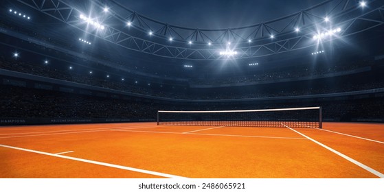 Modern sport stadium at night and clay tennis court ready for the match. Sports background as 3D illustration in horizontal format for advertising. - Powered by Shutterstock