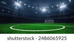 Modern sport stadium at night and football or soccer field with white goalpost ready for the match. Sports background as 3D illustration in horizontal format for advertising.