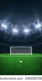 Moderno estadio deportivo por la noche y campo de fútbol o fútbol con portería blanca listo para el partido. Fondo deportivo como ilustración 3D en formato de Vertical para publicidad en redes sociales.