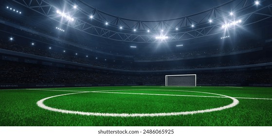 Modern sport stadium at night and football or soccer field with white goalpost ready for the match. Sports background as 3D illustration in horizontal format for advertising.