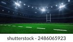 Modern sport stadium at night and rugby field with goalpost ready for the match. Sports background as 3D illustration in horizontal format for advertising.