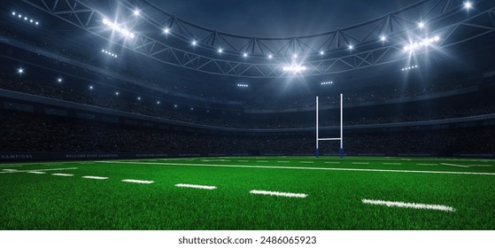 Modern sport stadium at night and rugby field with goalpost ready for the match. Sports background as 3D illustration in horizontal format for advertising.