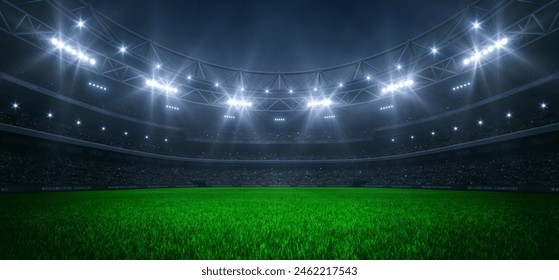 Modern sport stadium at night and soccer or football field ready for the match. Professional sports background for advertisement.