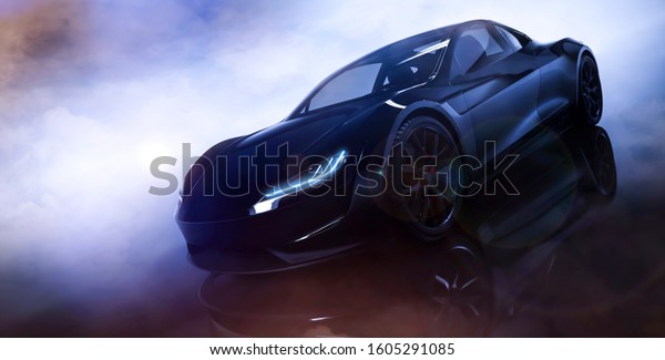 Modern sports car in dark smoked\
environment (3D\
Illustration)