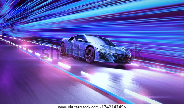 A modern sports car drives quickly through an\
abstract light tunnel . 3d\
render