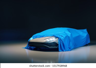 Modern sports car presentation with blue cloth. Design and exhibit concept. 3D Rendering 