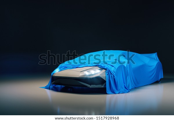 Modern sports car presentation\
with blue cloth. Design and exhibit concept. 3D Rendering\

