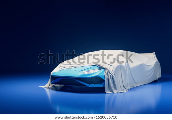 Modern sports car presentation\
with white cloth over. Design and exhibit concept. 3D Rendering\
