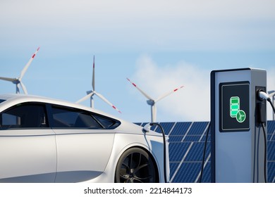 Modern Sports Electric Car Charging On Background Of Solar Panels. EV Station With Port Plugged In Environmentally Friendly Vehicle. Realistic 3d Rendering Of Renewable Energy Concept. 3D Illustration