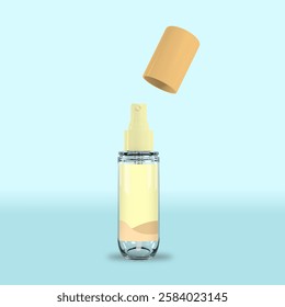 Modern spray pump bottle with a transparent body and soft yellow label sticker. The pump dispenser and cap feature a matching pastel yellow tone. Ideal for Perfume, Body mist, cologne or liquid.