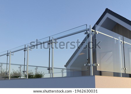 Modern stainless steel railing with glass panel and house, 3D illustration Foto stock © 