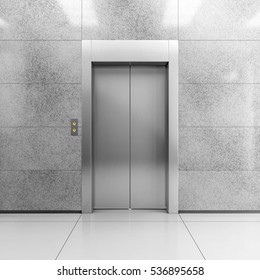Modern steel elevator with closed doors in contemporary lobby. 3D illustration.