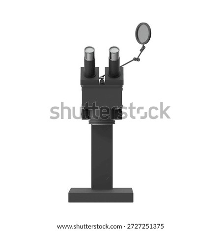 Modern stereo microscope with adjustable focus knobs and a circular light source on a white background