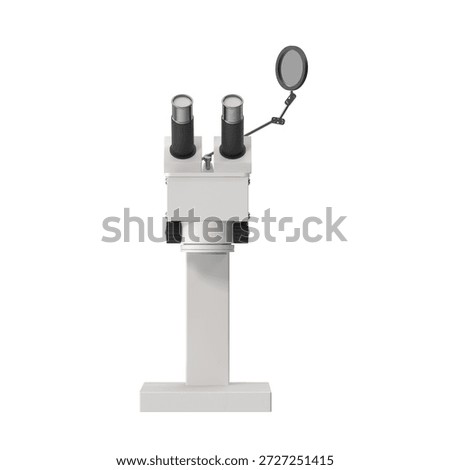 Modern stereo microscope with adjustable light source on a white background