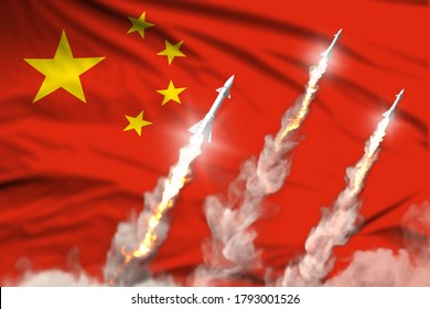 Modern strategic rocket forces concept on flag fabric background, China nuclear missile attack - military industrial 3D illustration, nuke with flag