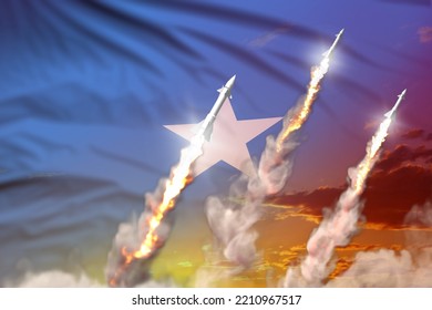 Modern Strategic Rocket Forces Concept On Sunset Background, Somalia Nuclear Missile Attack - Military Industrial 3D Illustration, Nuke With Flag