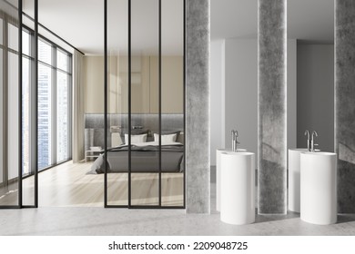 Modern Studio Flat Interior With Bedroom And Double Sink Behind Glass Doors, Panoramic Window On Singapore Skyscrapers. Hotel Sleeping Area And Washbasin, 3D Rendering