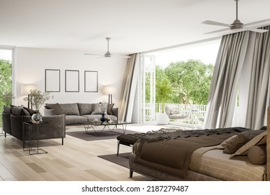 Modern Style Bedroom And Living Room With Outdoor Terrace And Nature View 3d Render ,decorate With Brown Fabric Furniture,There Are Large Open Folding Doors,The Curtains Swayed With The Wind 