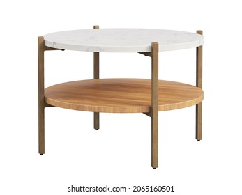 Modern Style Coffee Table With Brass Metal Base, Marble Top And Wooden Shelve On White Background. Round Coffee Table. Modern, Loft, Scandinavian Interior. 3d Render