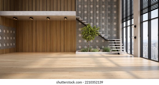 Modern Style Conceptual Interior Empty Room Wide View 3d Illustration. 3D Illustration