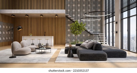 Modern Style Conceptual Interior Room Wide View 3d Illustration. 3D Illustration