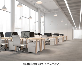 Modern Style High Ceiling Office Interior With City View 3d Render.There Are White Wall,gray Carpet Floor ,decorate With Wooden Table.There Are Large Windows Looking Out To See Scenery Outside.