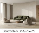 Modern style home with lots of space partition in living room with green sofa, armchairs, coffee table with decor on round carpet. Side view of interior. 3d render. 3d illustration