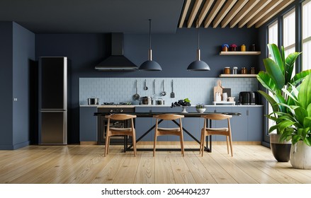 Modern Style Kitchen Interior Design With Dark Blue Wall.3d Rendering