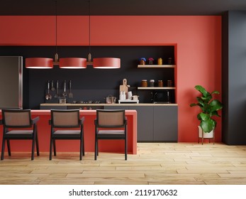 Modern Style Kitchen Interior Design With Red And Black Wall.3d Rendering