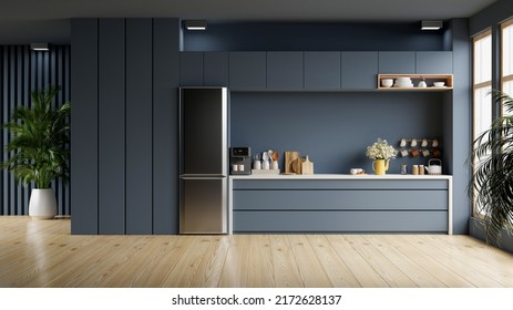 Modern style kitchen interior design and dark blue wall 3d rendering