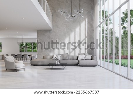 Modern style luxury white living room with garden view 3d render There are gray marble tile wall and floor decorate with glass chandelier overlooking nature view background 商業照片 © 