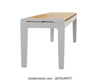 Modern Style Outdoor Bench With A Slatted Teak Wood Top On White Background. White Metal Bench With Wooden Seat. Modern, Loft, Scandinavian Interior. 3d Render