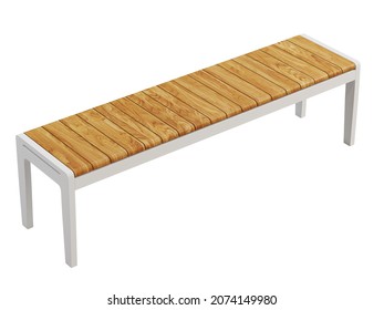 Modern Style Outdoor Bench With A Slatted Teak Wood Top On White Background. White Metal Bench With Wooden Seat. Modern, Loft, Scandinavian Interior. 3d Render