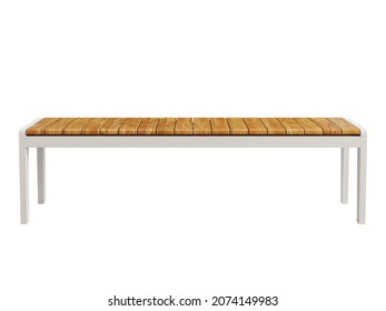 Modern Style Outdoor Bench With A Slatted Teak Wood Top On White Background. White Metal Bench With Wooden Seat. Modern, Loft, Scandinavian Interior. 3d Render