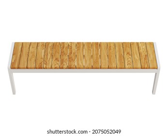 Modern Style Outdoor Bench With A Slatted Teak Wood Top On White Background. White Metal Bench With Wooden Seat. Modern, Loft, Scandinavian Interior. 3d Render