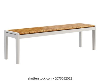 Modern Style Outdoor Bench With A Slatted Teak Wood Top On White Background. White Metal Bench With Wooden Seat. Modern, Loft, Scandinavian Interior. 3d Render