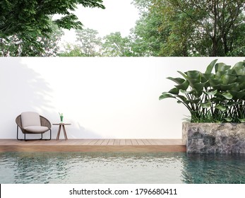 Modern style swimmimg pool terrace with blank wall for copy space 3d render, There are wooden floor,green tile in the swimming pool and ,empty white wall,Surrounded by nature.