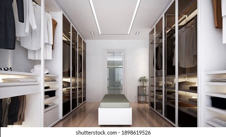 Un paseo de estilo moderno en un salón de vestidor con isla blanca. Diseño minimalista de una habitación de armario y fondo de pared vacío, ilustración 3D