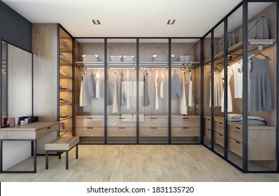 Modern Style Walk In Closet.Dark Tone.3d Rendering