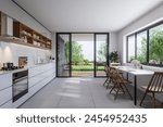 Modern Style white kitchen and dining room interior with nature view 3d render, Concrete tile floor , white glossy counter cabinet large door overlooking wooden terrace and garden view