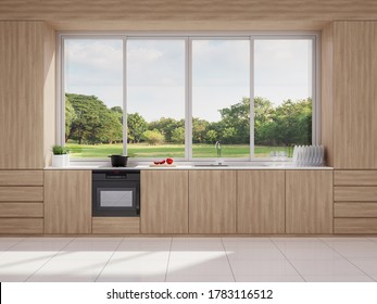 Modern style wooden kitchen with nature view 3d render,The rooms have white tile floors, Big windows overlooking a large garden, sunlight into the room.